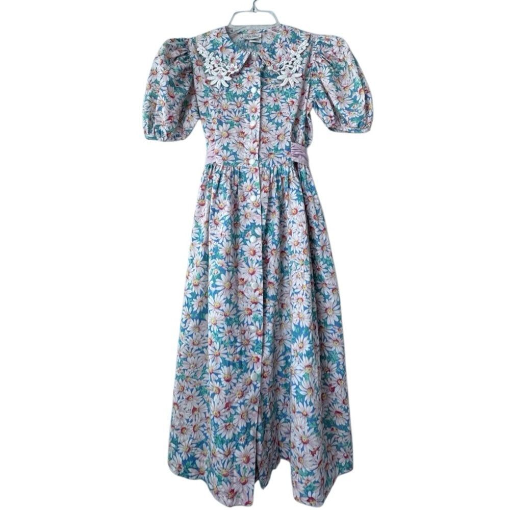 Rare Edition Vintage Floral Dress Lace Puff Sleeve Made in USA SZ 14